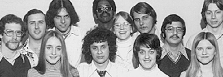black and white photo of a group of alumni