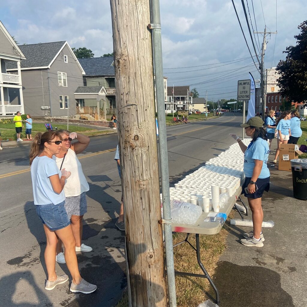 Volunteers handing out water during the race.