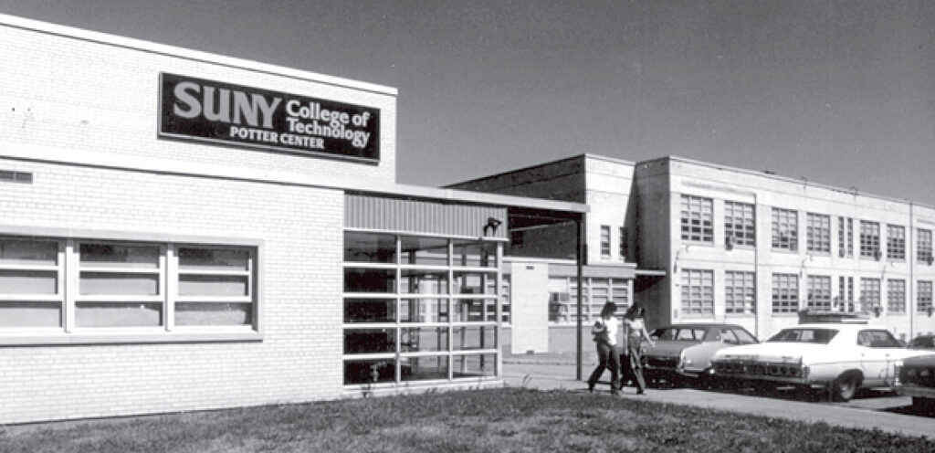Black and white image of the old SUNY College of Technology Potter Center.