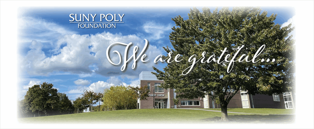 SUNY Poly Foundation graphic with "We are grateful..." over campus Student Center